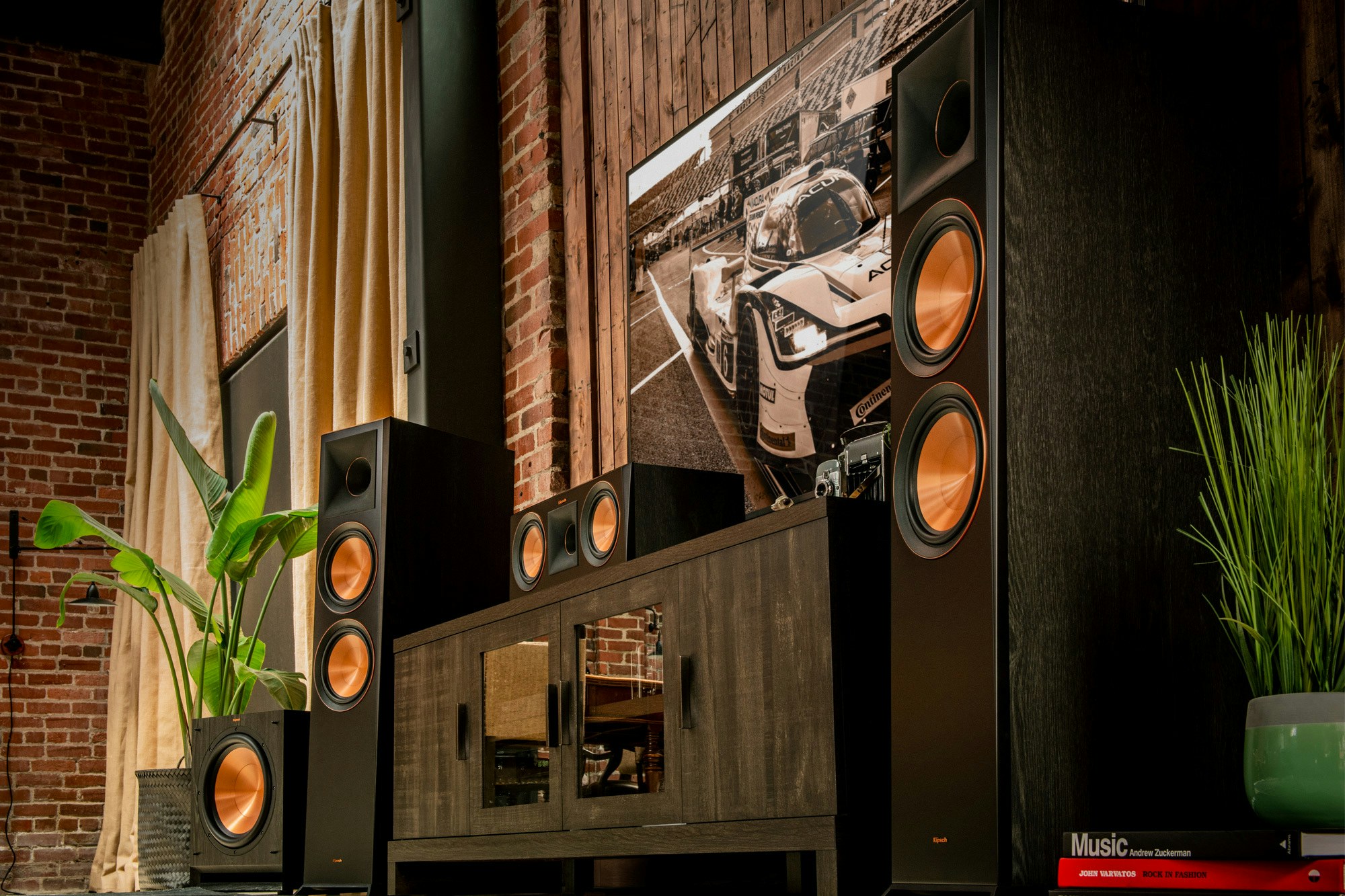 Klipsch home theater system with plants on either side
